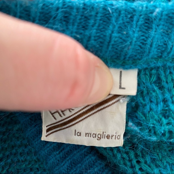 Vintage 80s Teal Wool Blend Mohair Knit Cardigan Pinwheel Buttons Leaf Appliqués - Picture 11 of 14